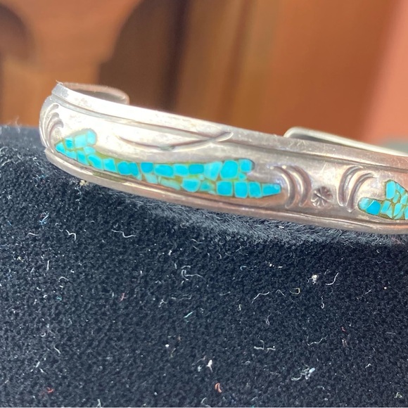 Navajo Signed J Nezzie Silver Turquoise Native American Cuff Bracelet  **As Is** - Picture 5 of 11